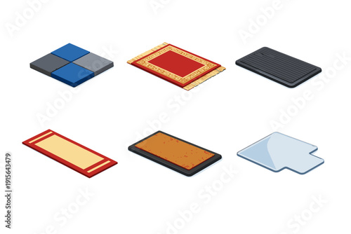 Collection of six different types of floor mats and rugs in isometric view