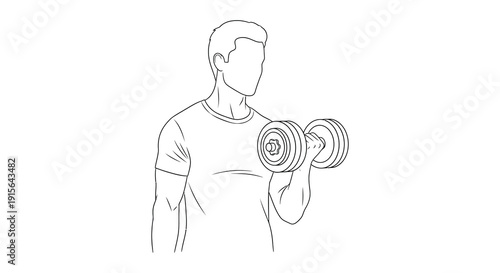 A black and white line drawing depicts a man performing a bicep curl exercise with a dumbbell in a fitness setting