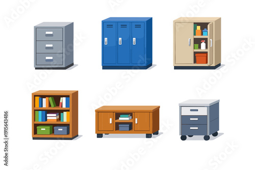 Collection of various office and storage furniture items in a flat design style