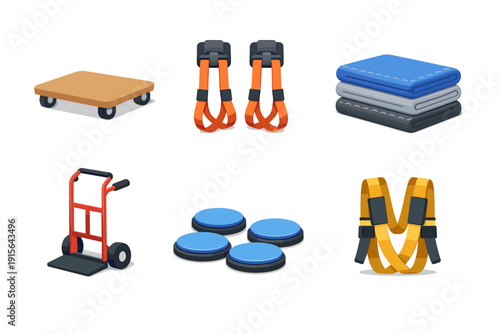 Collection of moving and fitness equipment for logistics and exercise