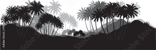 Editable dual tone icon set of Black silhouette palm trees on hills with gray mountains background graphic Vector illustration