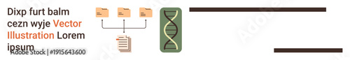 Data science, genetic research, biotechnology, data storage, bioinformatics, workflow processes. Visual of folders linking to a DNA strand icon. Data science and genetic research visualization