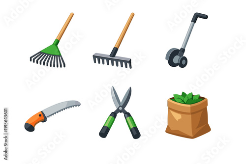 Collection of cartoon gardening tools and supplies on a white background