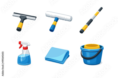 Collection of cartoon cleaning tools for window washing and general household chores