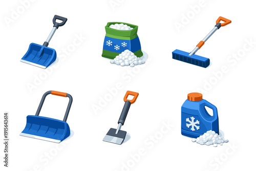 Collection of winter snow removal tools and supplies for clearing paths