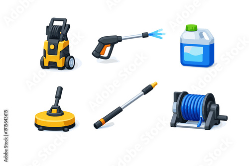 Set of cartoon pressure washer equipment and cleaning supplies for car wash