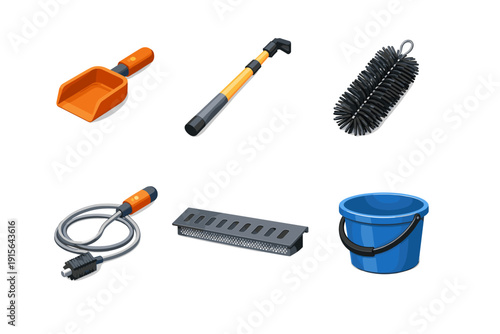 Collection of cleaning tools and supplies for car wash and home maintenance