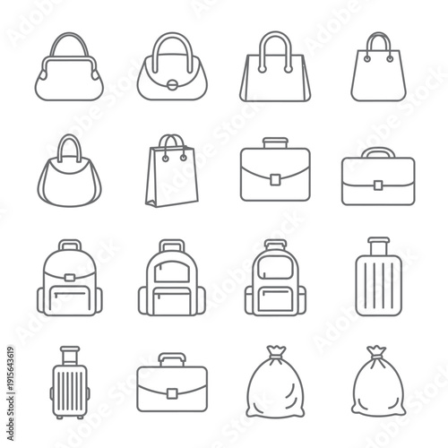 Collection of various handbags, backpacks, suitcases, and briefcases illustrated in simple line art style on a white background
