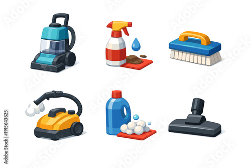 Collection of cartoon cleaning supplies and equipment for home hygiene