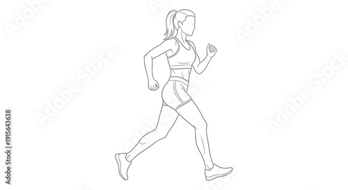 A black and white line drawing depicts a woman in athletic wear running forward with a focused expression and dynamic motion