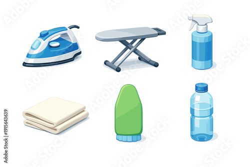 Collection of household ironing and laundry items including iron, board, and spray bottle