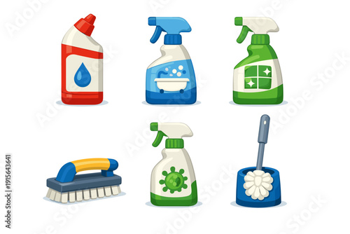 Collection of cartoon cleaning supplies including spray bottles, brush, and toilet brush