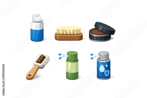 Collection of shoe care products including brushes, sprays, and polish for maintaining footwear