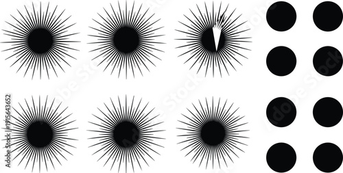 Abstract Geometric Vector Set Featuring Black Radial Starburst Sunburst Shapes With Sharp Lines And Solid Circular Icons For Minimalist Graphic Design And Infographic Elements