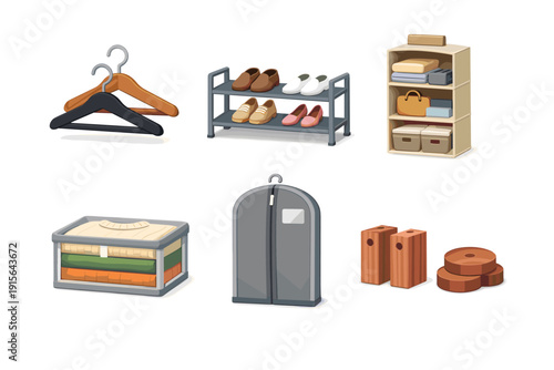 Collection of home organization and storage items for clothes and shoes