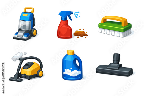 Collection of cartoon cleaning supplies and equipment on a white background