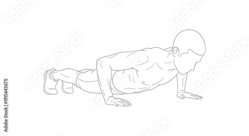 A black and white line drawing depicts a man performing a push up exercise with proper form demonstrating a fitness routine