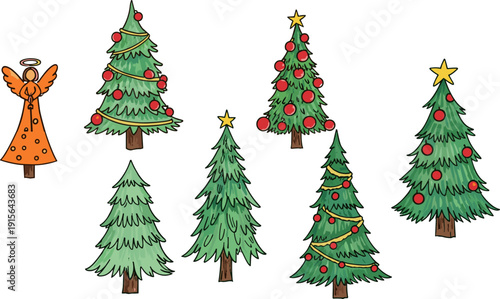 Christmas tree and angel decorations, festive holiday illustrations with ornaments, garlands, stars, and foliage, seasonal Christmas graphics for creative design projects