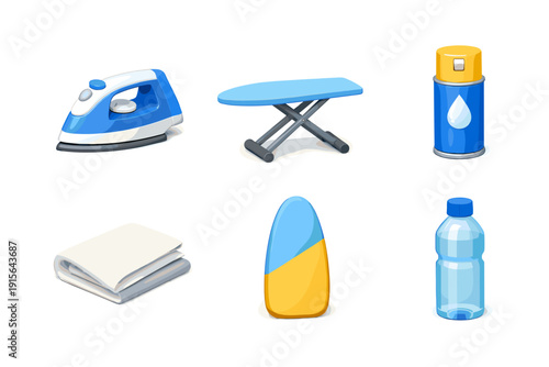 Set of household items for ironing and cleaning, including an iron, ironing board, and spray bottle