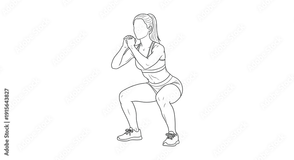 Fototapeta premium A black and white line drawing depicts a woman performing a squat exercise demonstrating proper form and posture for fitness