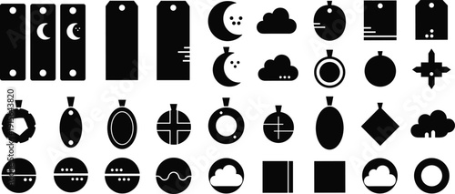 Black vector silhouette set of abstract geometric price tags cosmic moon and cloud icons for minimalist branding creative label design and modern celestial stationery