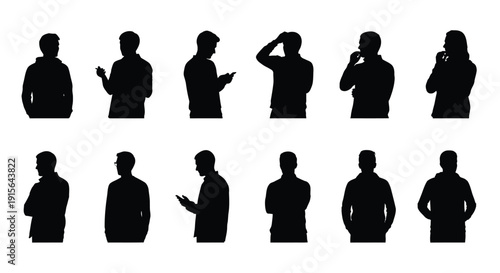 Collection of diverse silhouettes of people on mobile devices against white background