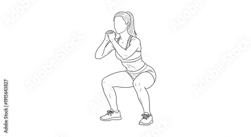 A black and white line drawing depicts a woman performing a squat exercise demonstrating proper form and posture for fitness