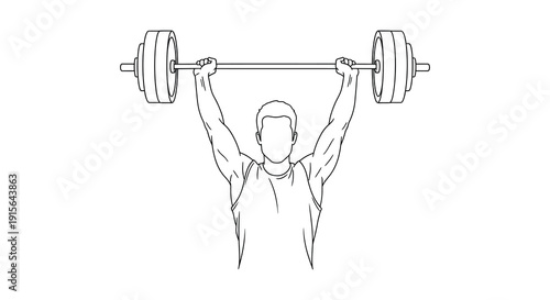 A black and white line drawing depicts a person lifting a barbell overhead demonstrating a weightlifting exercise in a gym setting