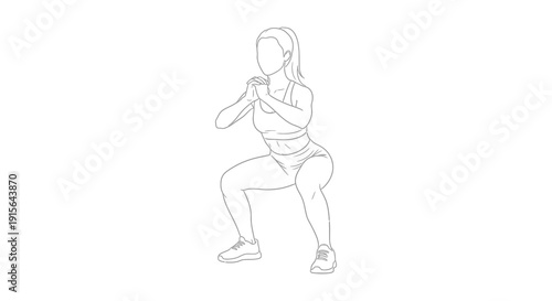 A black and white line drawing depicts a woman performing a squat exercise demonstrating proper form and posture for fitness