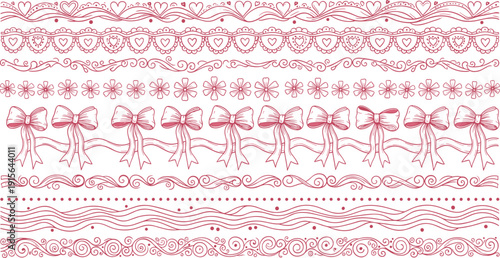 Decorative border designs hearts lace floral vines, symmetrical flowers ribbons bows swirls curls, pink red ornamental scrapbooking graphic design illustration artwork