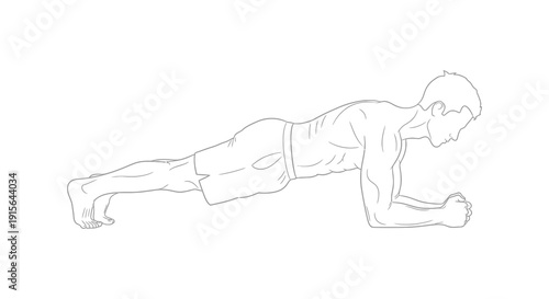A monochrome line drawing depicts a man performing a plank exercise demonstrating proper form and core engagement on a neutral surface