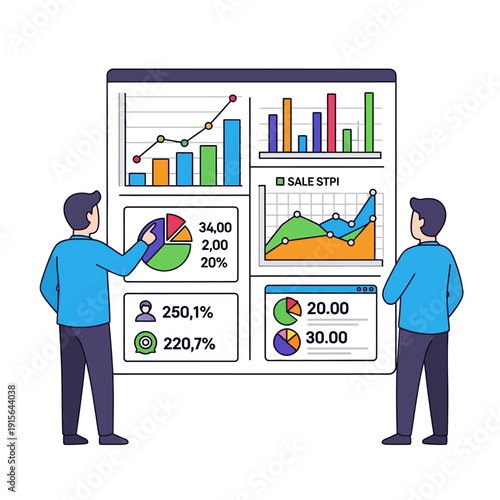 Two men analyzing various business graphs and charts on a large screen.
