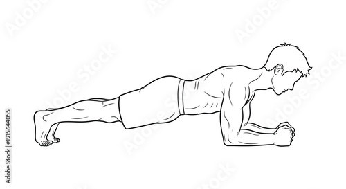 A black and white line drawing depicts a muscular man performing a plank exercise maintaining a straight body posture for core strength