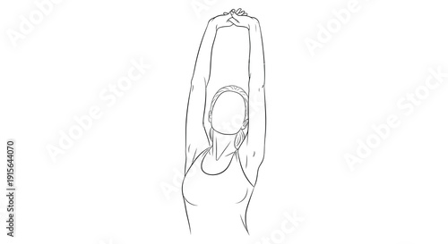 A black and white line drawing depicts a person stretching their arms overhead in a yoga or fitness pose demonstrating flexibility