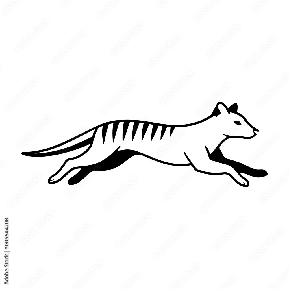 Obraz premium A minimalist digital illustration of the Thylacine, or Tasmanian tiger, captured mid-jump. Elegant lines, muted earthy colour, and subtle stripes highlight the sleek, dynamic movement of this extinct 