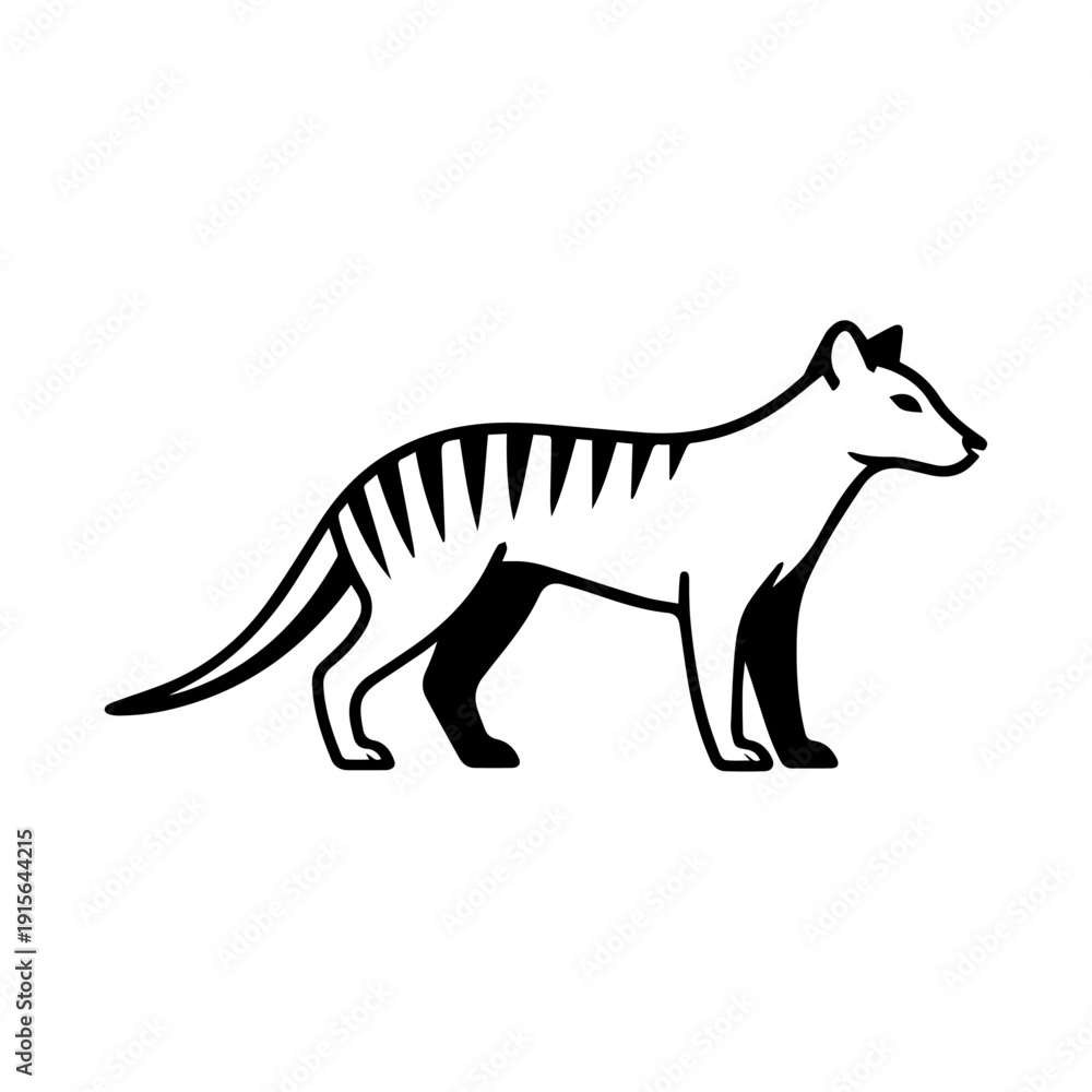 Fototapeta premium A minimalist digital illustration of the Thylacine, or Tasmanian tiger, captured mid-jump. Elegant lines, muted earthy colour, and subtle stripes highlight the sleek, dynamic movement of this extinct 