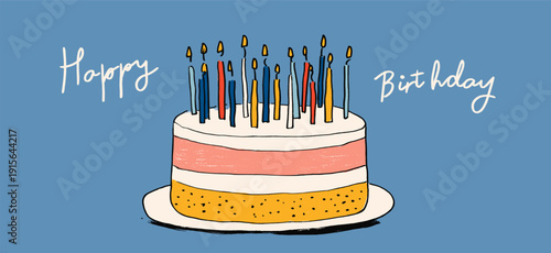 Birthday cake with ten candles and happy birthday text. Illustrated birthday cake with ten lit candles and Happy Birthday message on blue background