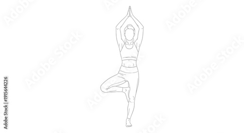 A black and white line drawing depicts a woman in a yoga pose specifically tree pose demonstrating balance and flexibility