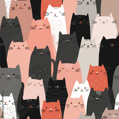 Cute cat pattern creating seamless animal background texture. Many cute cats with different expressions forming a seamless animal pattern