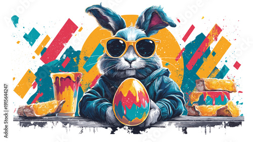 Cool cartoon rabbit wearing sunglasses holding Easter egg poster. Cartoon rabbit wearing sunglasses holding a colorful graffiti-painted Easter egg with traditional food
