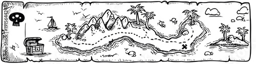 Hand drawn treasure map illustrating pirate island adventure. Hand drawn treasure map showing an island with mountains, palm trees, ships, and marked treasure