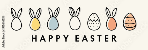 Easter eggs with bunny ears and Happy Easter text. Happy Easter greeting card. Pastel colored eggs with bunny ears and Happy Easter text, celebrating spring holiday