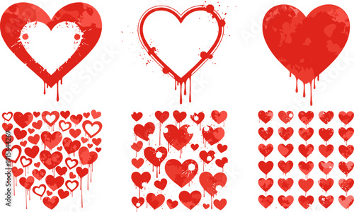 Dripping paint heart illustrations, graffiti style red hearts with splatter effects, abstract textured love symbols for creative design, artistic romantic heart graphics