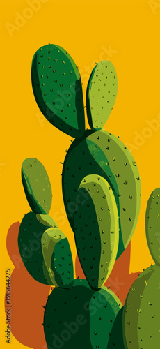Nopal cactus pads growing with vibrant yellow background. Nopal cactus pads featuring simple graphic shape and casting shadow on yellow wall