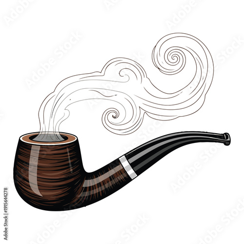 Vintage smoking pipe with swirling artistic smoke illustration, classic wooden texture and retro design