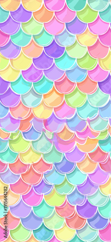 Pastel rainbow mermaid scales seamless pattern background. Cute iridescent texture creating a dreamy fantasy wallpaper for packaging