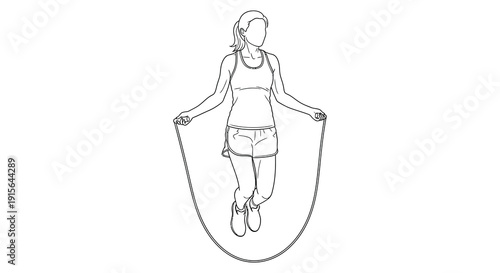 A black and white line drawing depicts a woman jumping rope in a fitness exercise demonstrating a dynamic and athletic movement