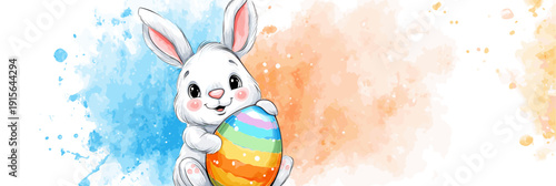 White rabbit holding colorful Easter egg, watercolor splash background. White rabbit holding a brightly striped Easter egg against a vibrant watercolor splash background