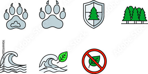 Environmental conservation icons, wildlife paw prints, forest protection shield, water wave symbols, eco-friendly leaf graphics, nature preservation and sustainability design elements