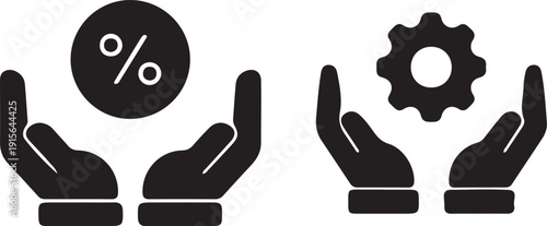 Hands holding percentage and gear icons